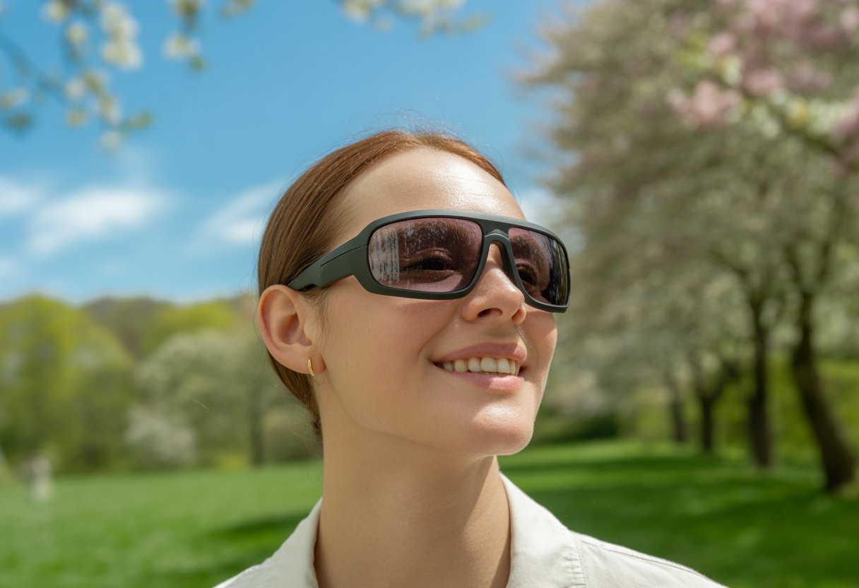 Person outdoors wearing wraparound sunglasses surrounded by blooming trees and flowers on a sunny day.