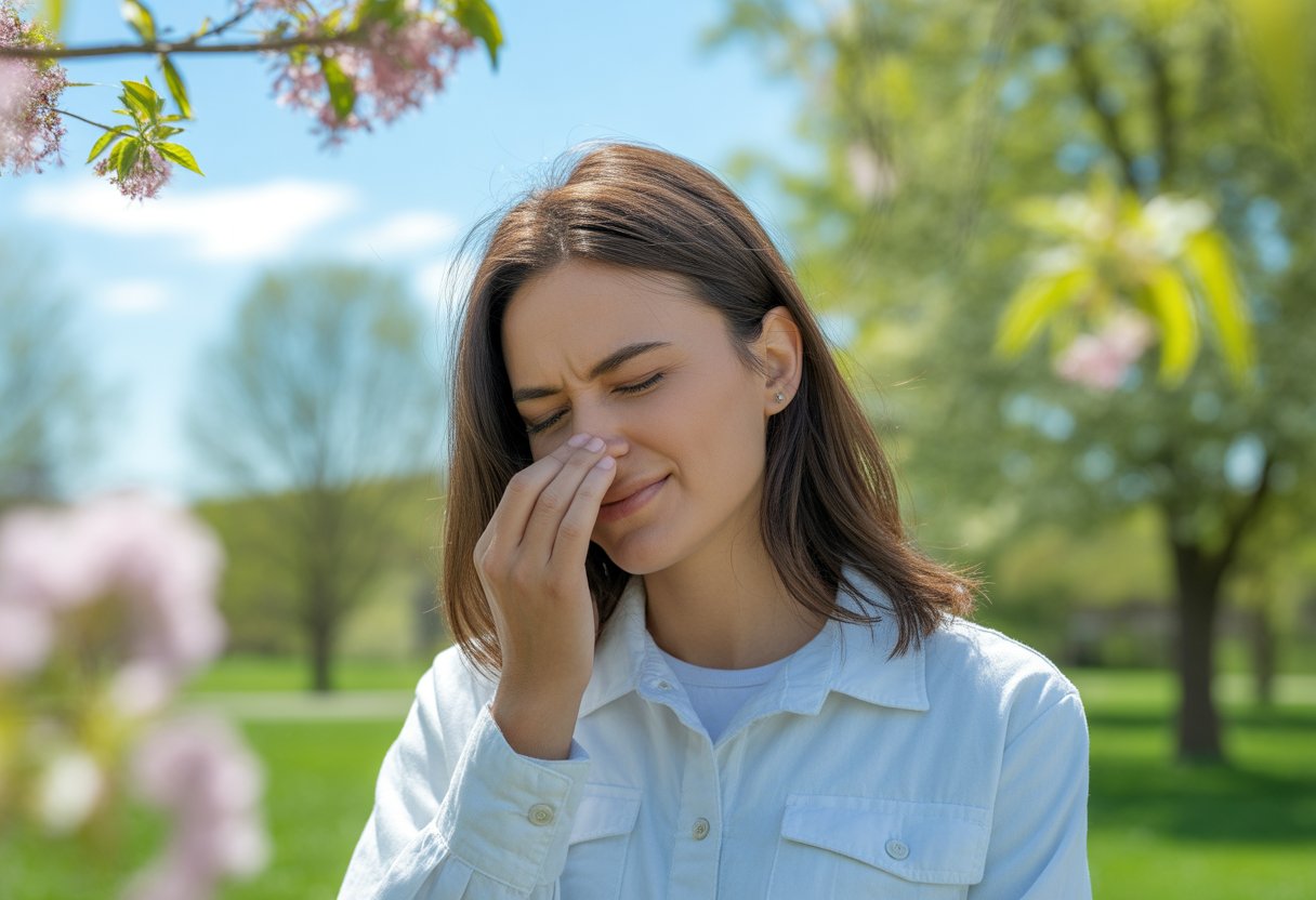 A young woman outdoors in spring surrounded by blooming flowers and trees, touching her nose with a slightly uncomfortable expression.
