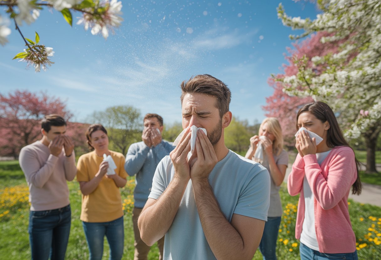 People outdoors in a spring setting with blooming flowers, some showing allergy symptoms like sneezing and watery eyes.