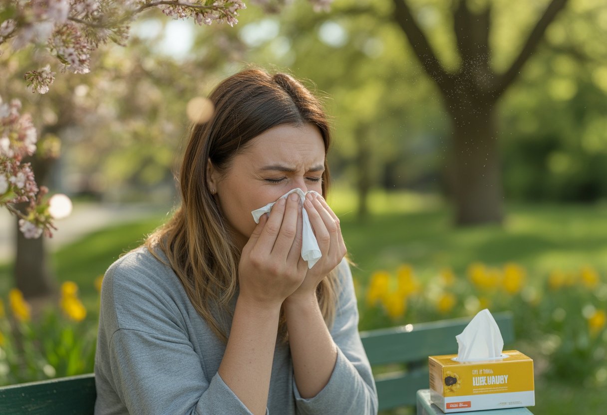 A young woman outdoors in a spring garden rubbing her eyes and sneezing, surrounded by blooming flowers and trees.