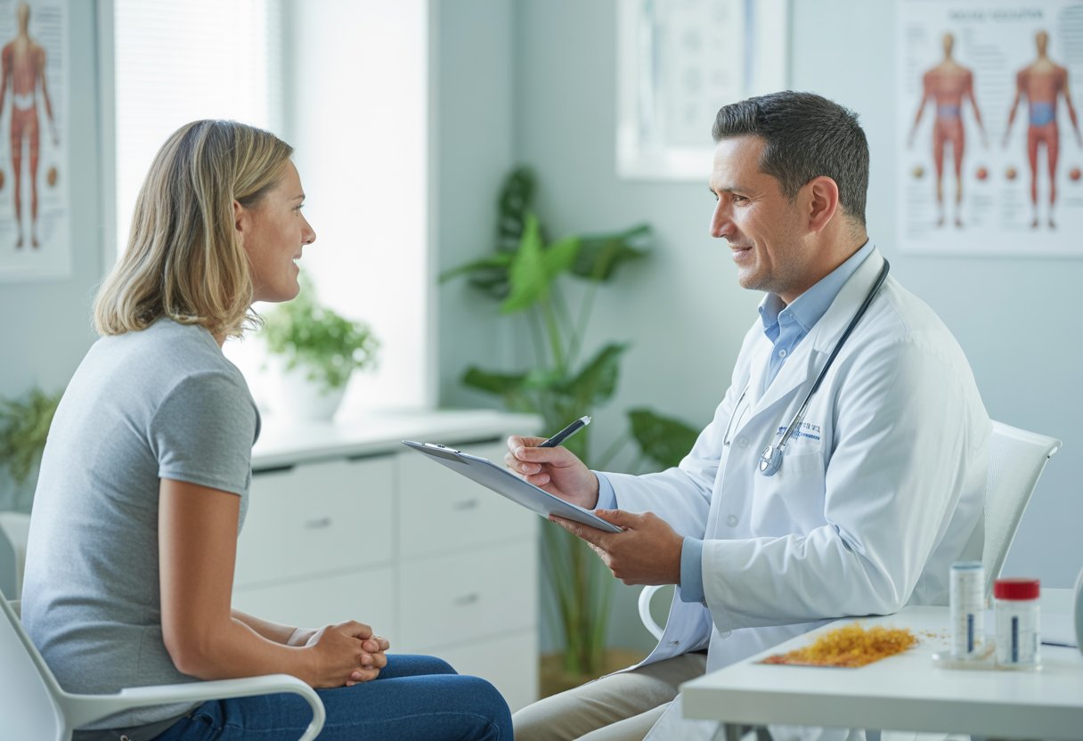 A doctor consulting with a patient in a medical office, discussing allergy test results with allergy testing equipment visible nearby.