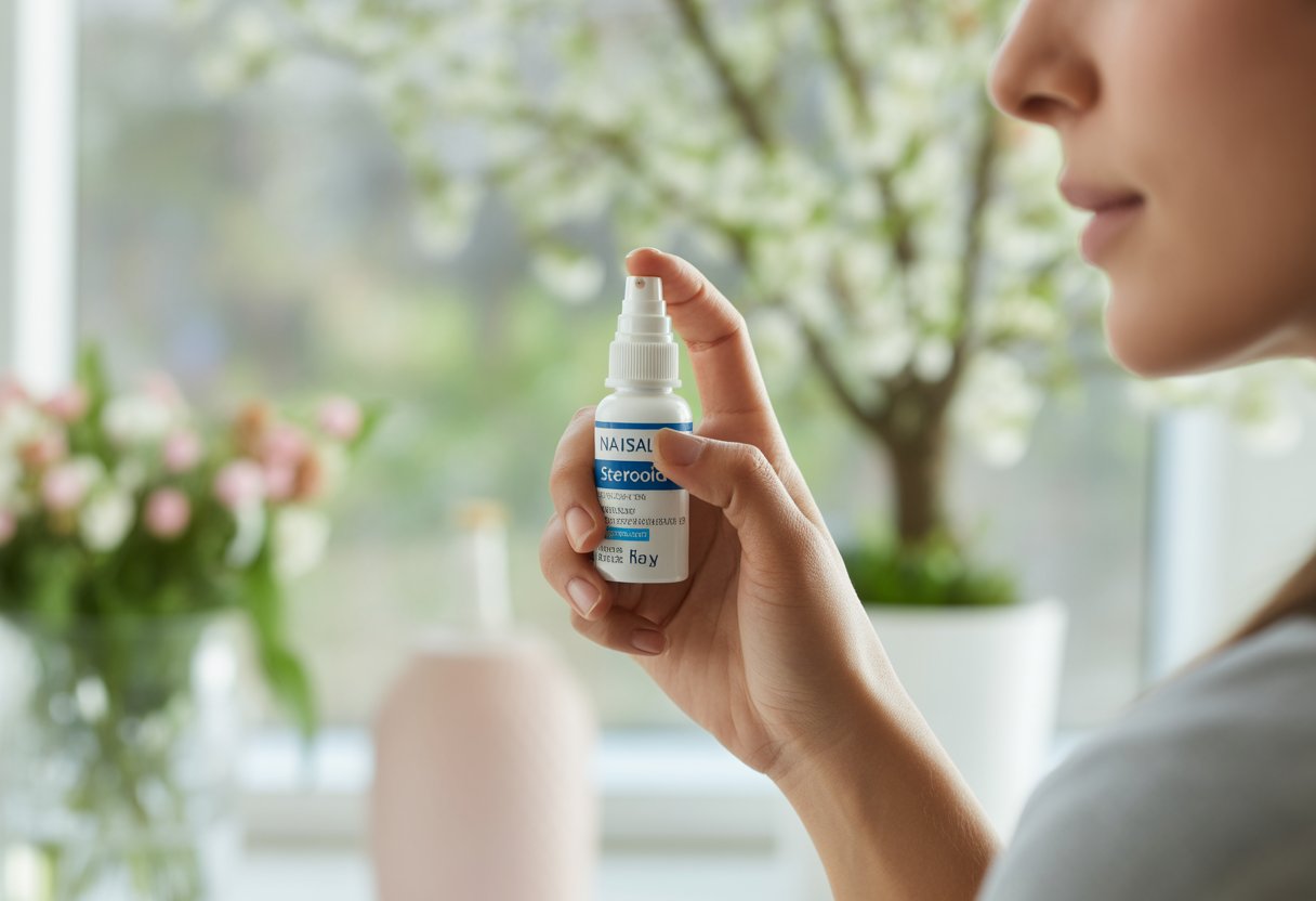 A person holding a nasal spray bottle indoors with blurred flowers and a window in the background.