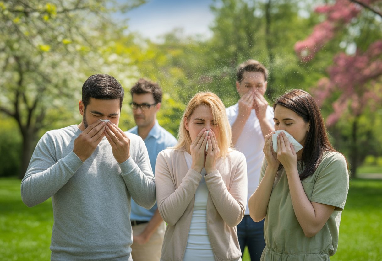 People outdoors in a spring park with blooming flowers and trees, some showing allergy symptoms like sneezing and watery eyes.