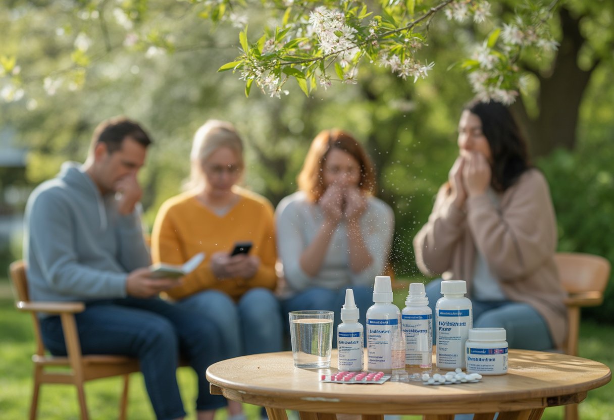 People outdoors surrounded by blooming flowers with allergy relief medications on a table nearby.