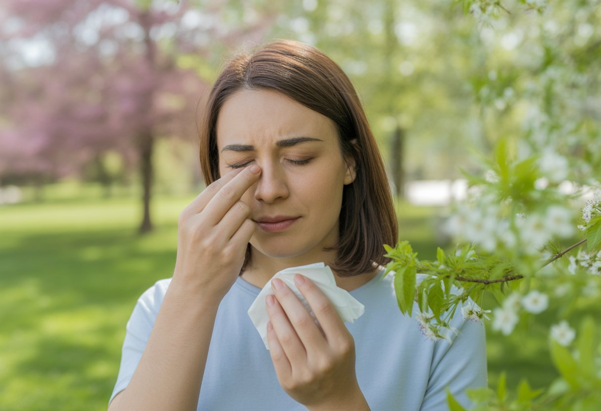 A young woman outdoors in a park rubbing her eyes and holding a tissue, surrounded by blooming flowers and green trees.