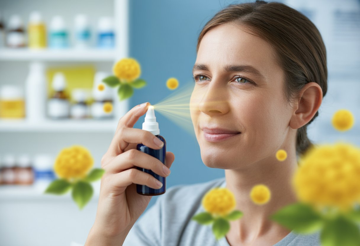 A person holding a nasal spray bottle preparing to use it, with pollen particles visible in the air and a pharmacy shelf in the background.