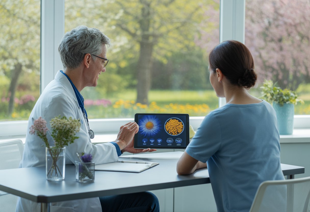 A doctor consulting with a patient about pollen allergy treatments in a bright office with flowers and a garden visible outside.