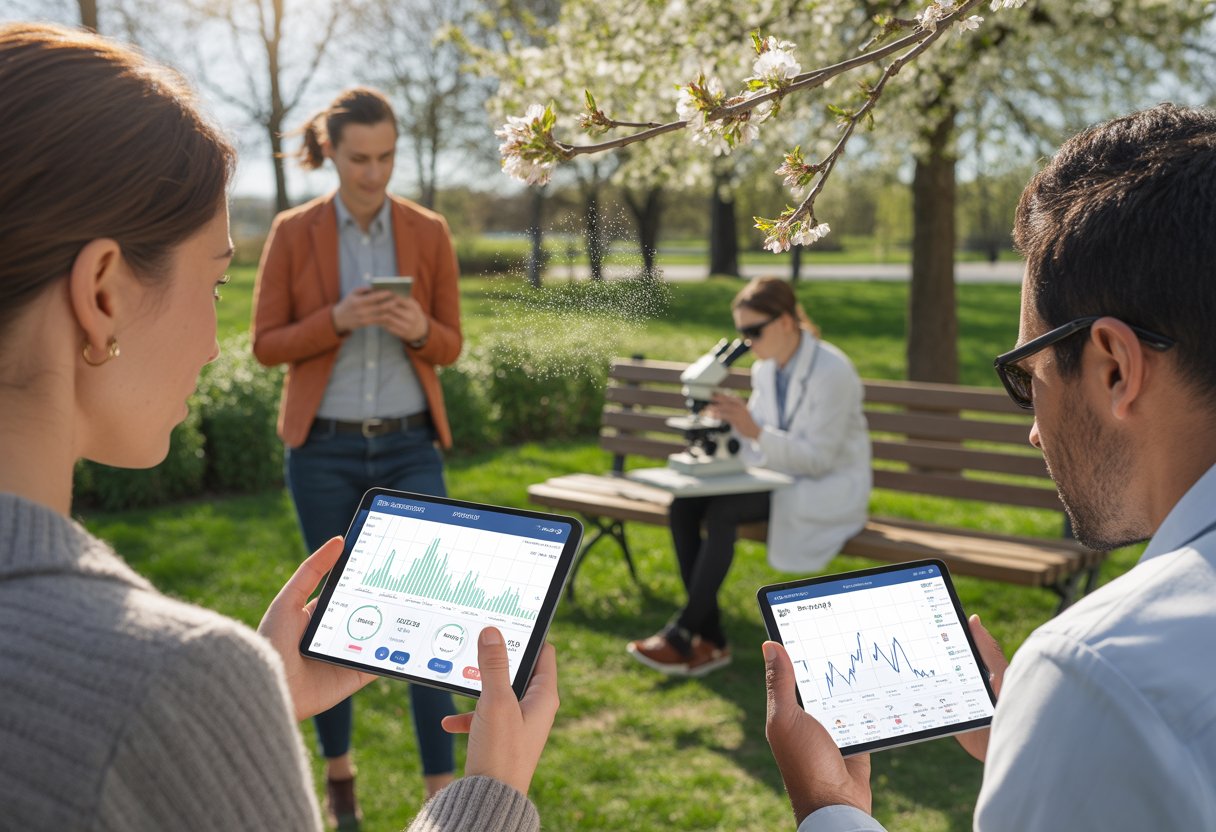 People outdoors in spring surrounded by blooming trees, using digital devices to track pollen levels, while a scientist examines pollen samples.