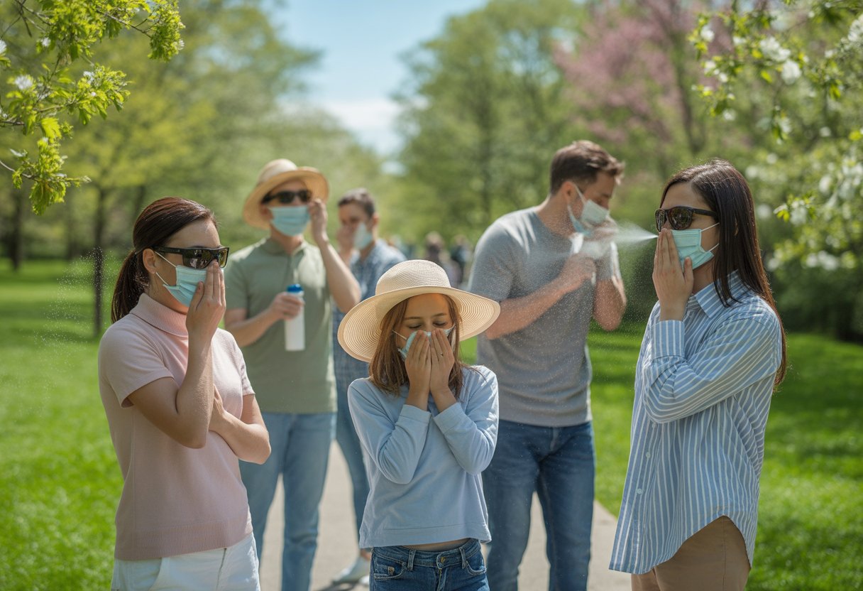 People outdoors in a park wearing protective gear like sunglasses and hats, surrounded by blooming trees and flowers with visible pollen in the air.