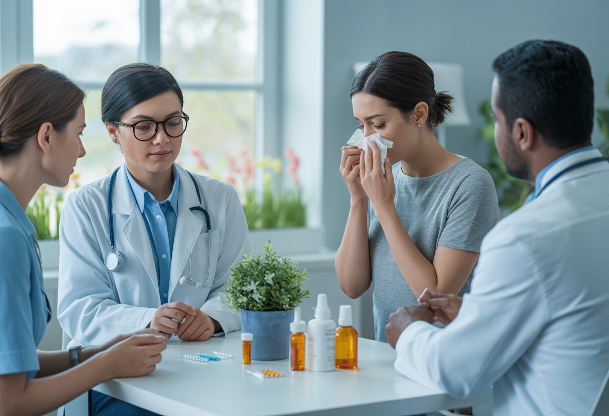 A doctor and nurse consulting with a young adult patient in a bright clinic room, with allergy relief products on a table and sunlight coming through a window showing blooming flowers outside.