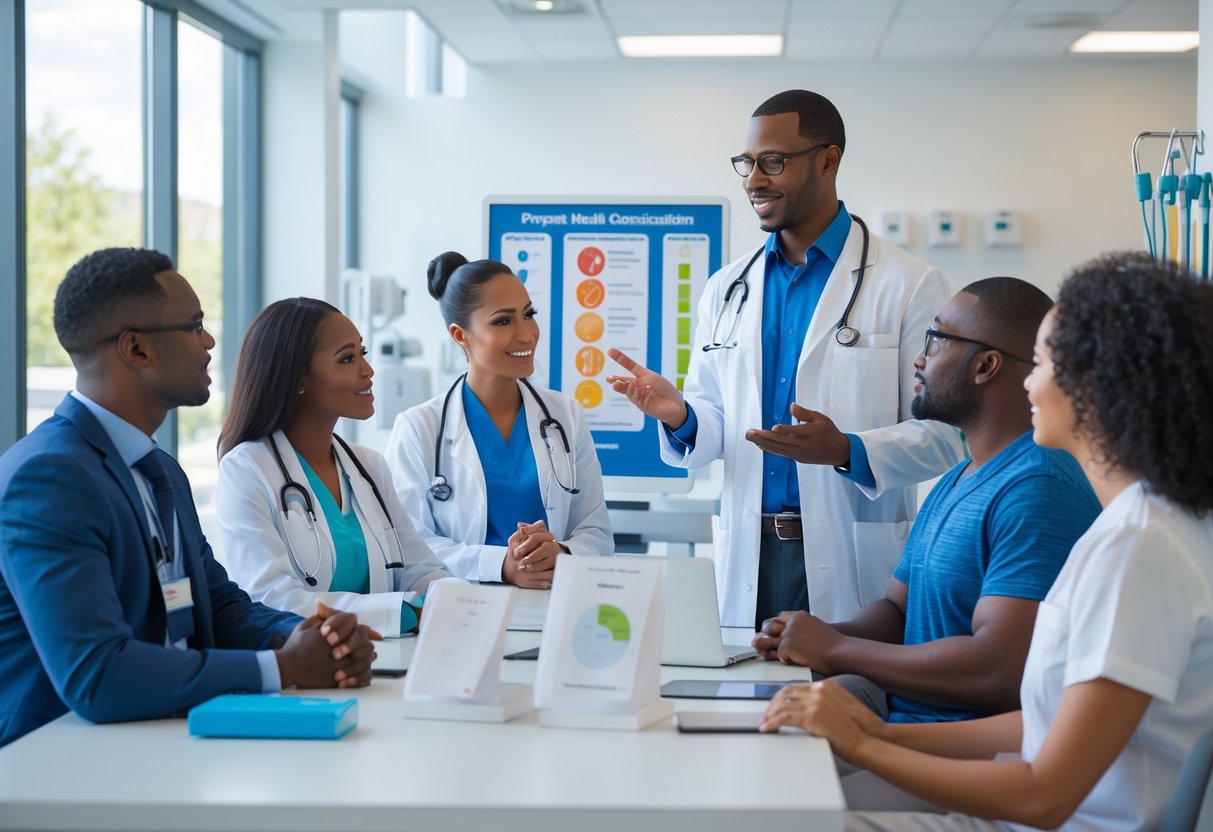 A doctor and patients discussing preventive health strategies in a bright medical office.