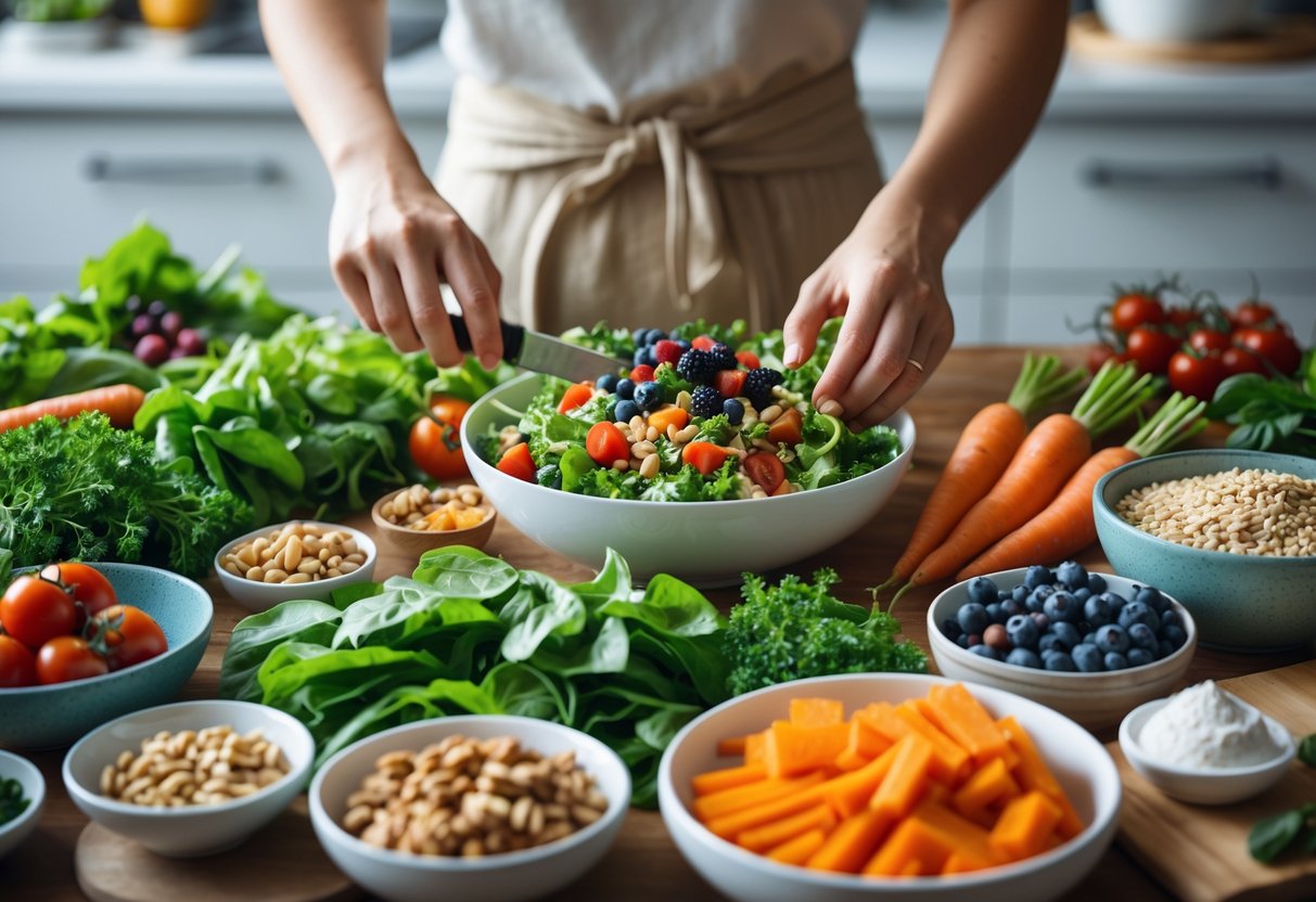 Hands preparing a healthy meal with fresh vegetables and fruits on a wooden table in a kitchen.