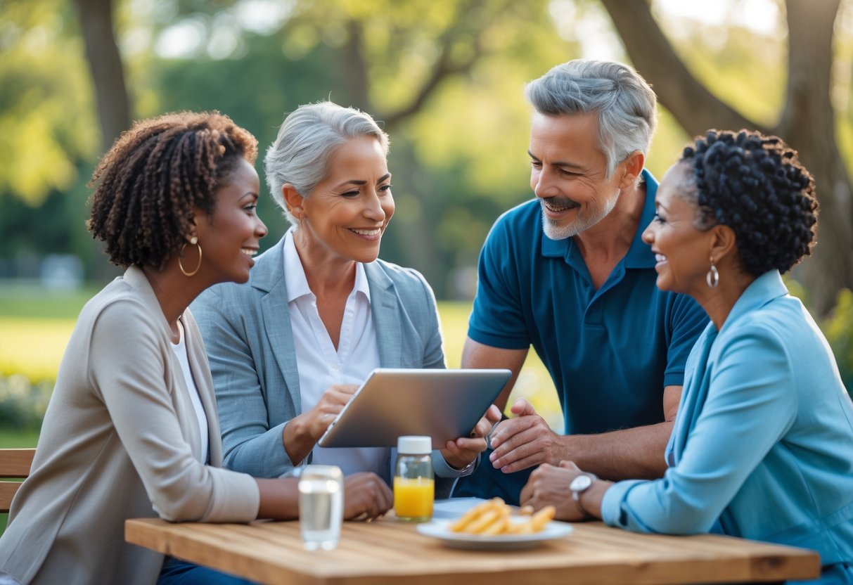 Three adults having a supportive conversation outdoors in a park, with one person sharing health advice using a tablet.