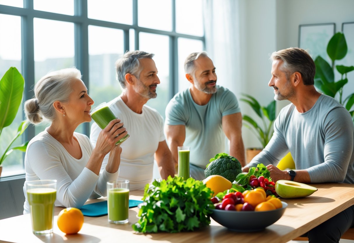 A group of healthy adults practicing wellness activities indoors with fresh fruits, stretching, and consulting a nutritionist.