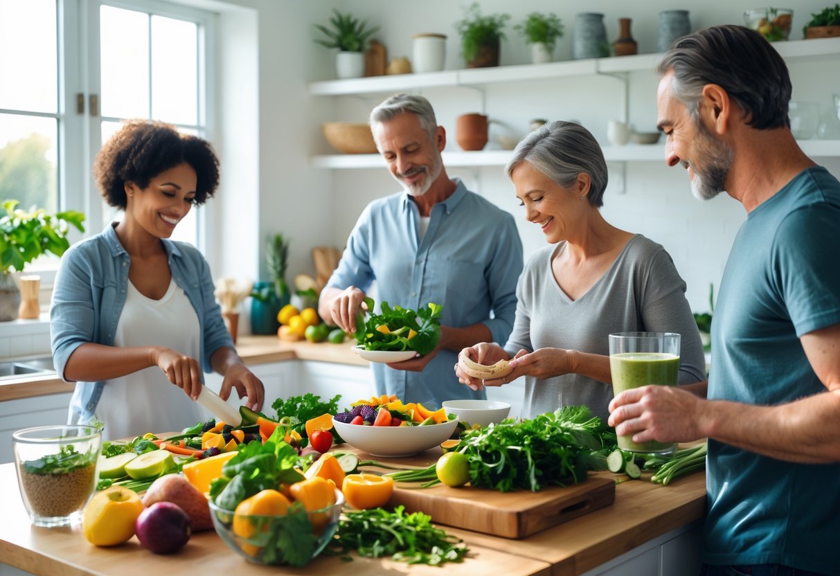 People preparing fresh, healthy food together in a bright kitchen with vegetables and fruits on the counter.