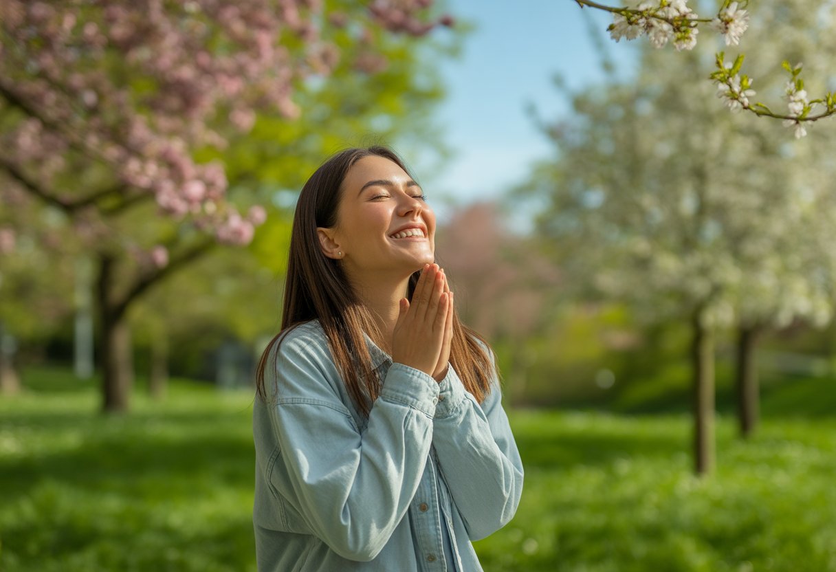 A young woman standing in a green park with blooming flowers, smiling and breathing deeply with eyes closed.