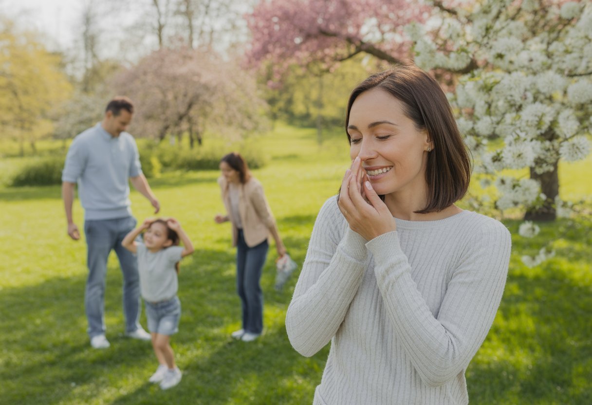 A group of people enjoying a sunny spring park with blooming flowers, showing relief from allergy symptoms.