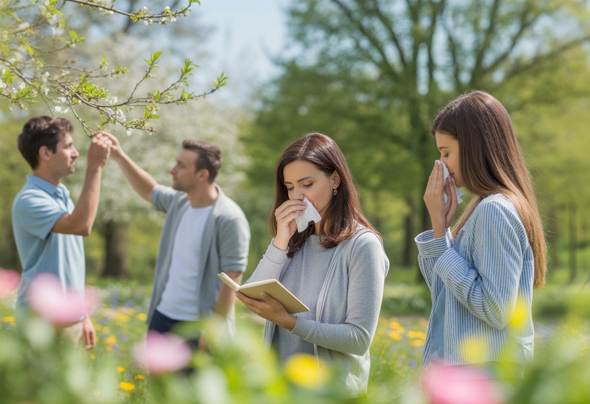 A group of people outdoors in a blooming park during spring, some noticing allergy triggers while others enjoy the day.