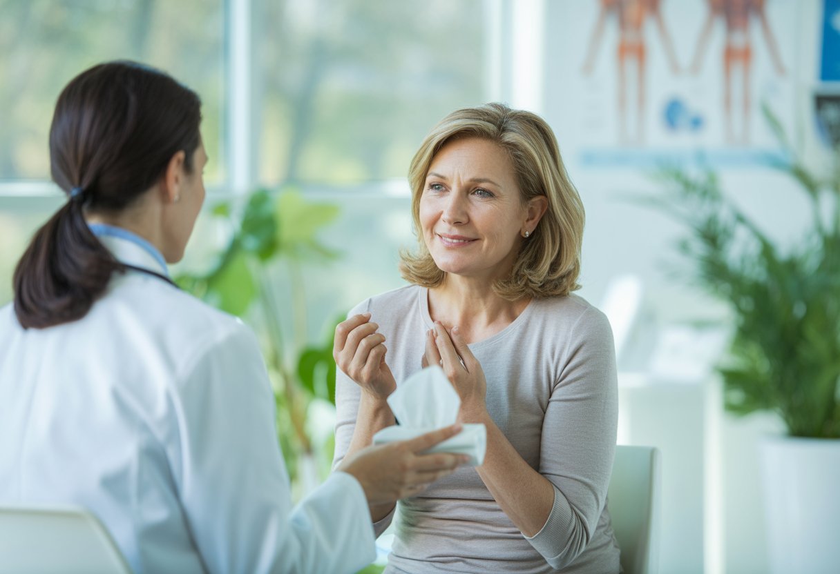 A woman talking with a healthcare professional in a bright doctor's office, appearing hopeful and relieved.
