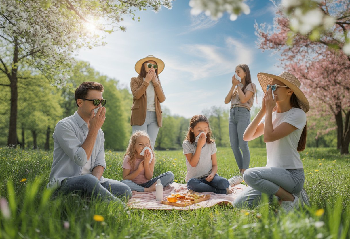 People enjoying a sunny spring day in a park with blooming flowers, some using allergy relief measures.