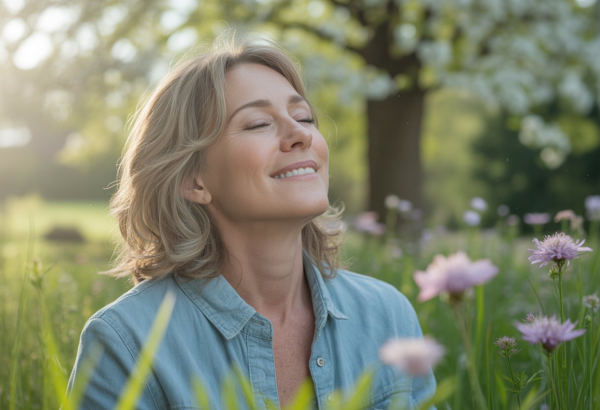 A middle-aged woman smiling outdoors in a garden full of blooming flowers, appearing calm and healthy.