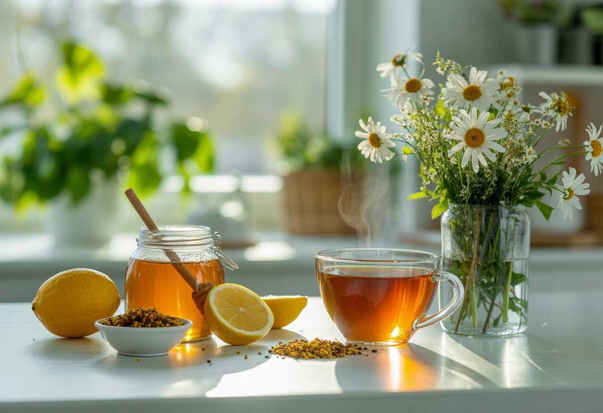 A sunlit kitchen countertop with natural allergy remedies including honey, lemon slices, herbal tea, bee pollen, and spring flowers near a window with green plants outside.