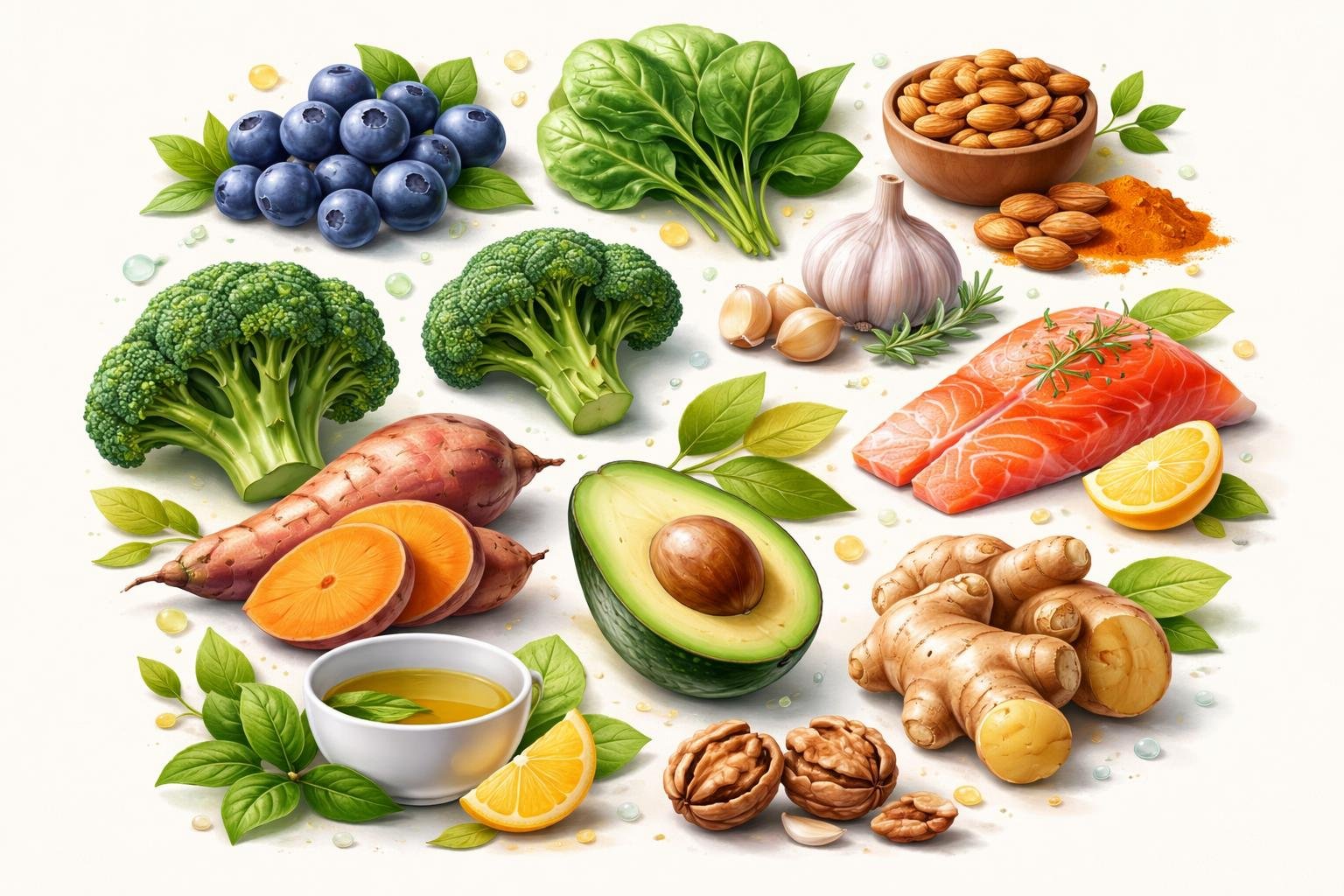 A collection of twelve healthy foods including blueberries, spinach, almonds, turmeric, garlic, salmon, broccoli, avocado, ginger, sweet potatoes, green tea leaves, and walnuts arranged together with natural elements.