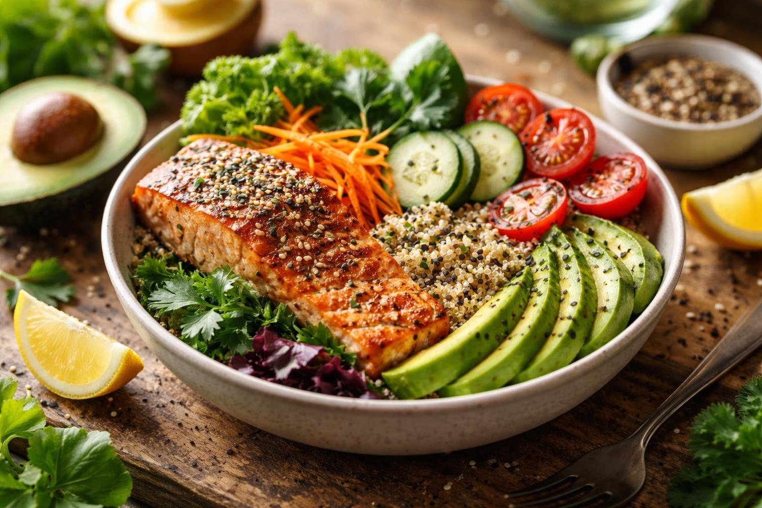 A close-up of a colorful, balanced meal with fresh vegetables, fruits, grains, and grilled salmon on a wooden table.