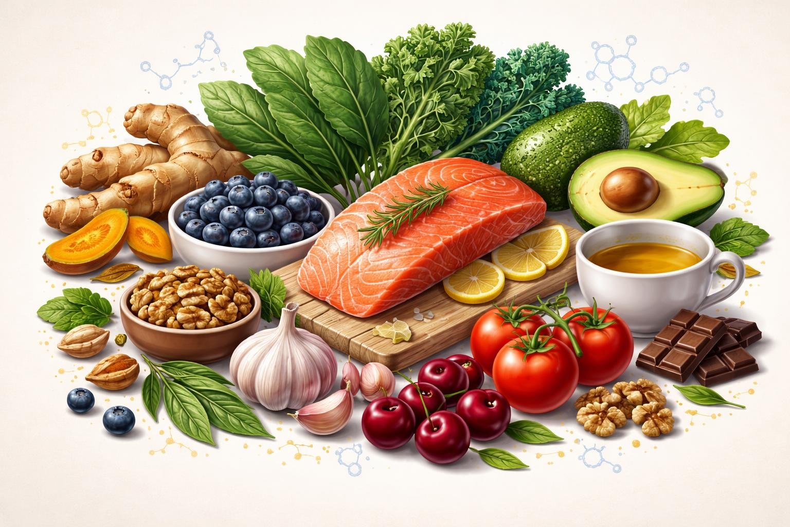 An arrangement of twelve different anti-inflammatory foods including turmeric, ginger, blueberries, leafy greens, walnuts, salmon, tomatoes, garlic, green tea, avocado, cherries, and dark chocolate on a plain background with subtle scientific visuals around them.