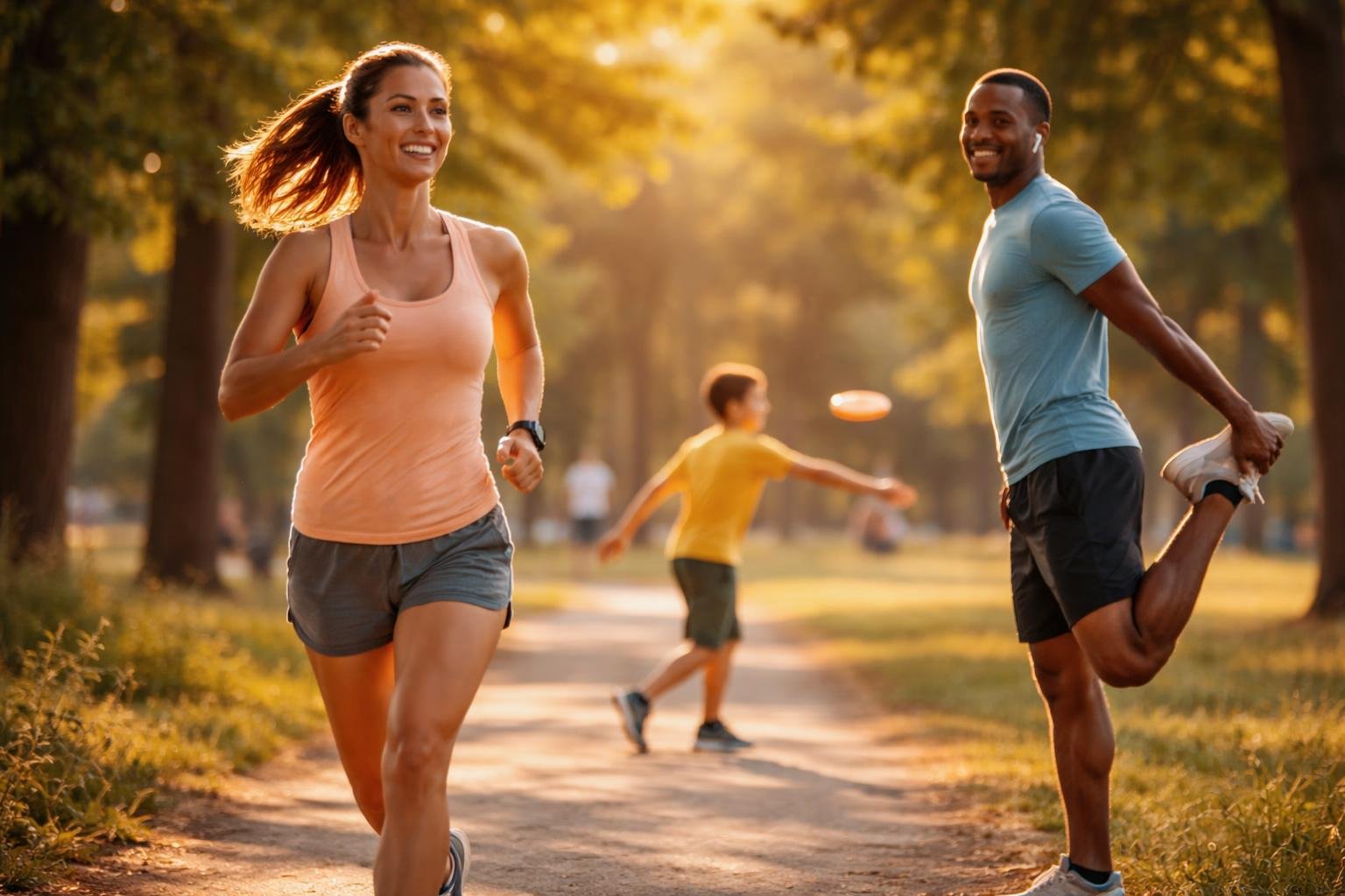 People exercising outdoors in a park, including a woman jogging, a man stretching, and a child playing with a frisbee.