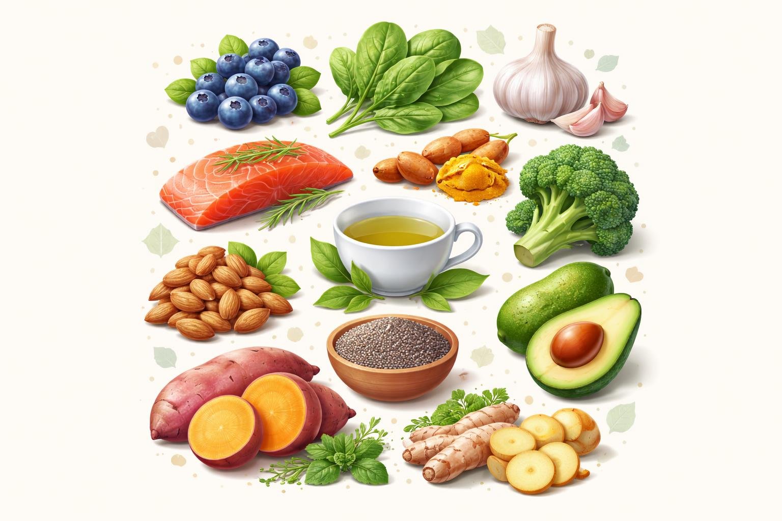 An illustration showing twelve different healthy foods arranged together, including blueberries, spinach, turmeric, garlic, salmon, almonds, broccoli, green tea, sweet potatoes, chia seeds, avocados, and ginger.