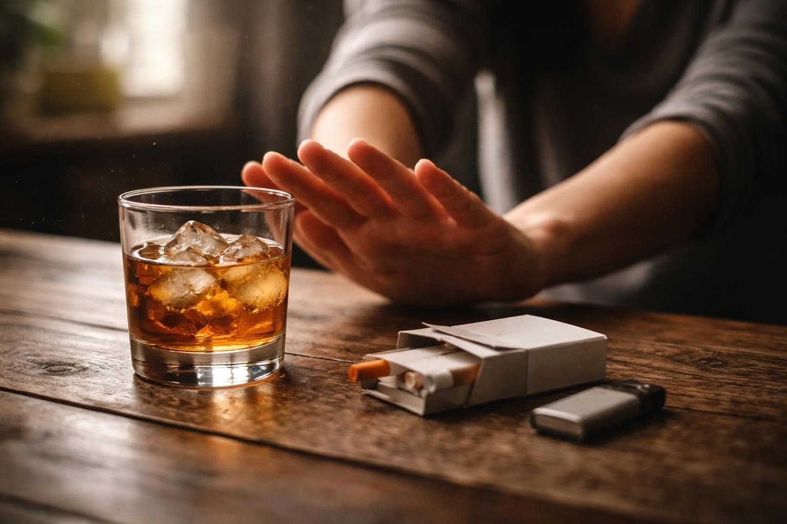 Close-up of hands pushing away a glass of whiskey and a pack of cigarettes on a wooden table near a window.