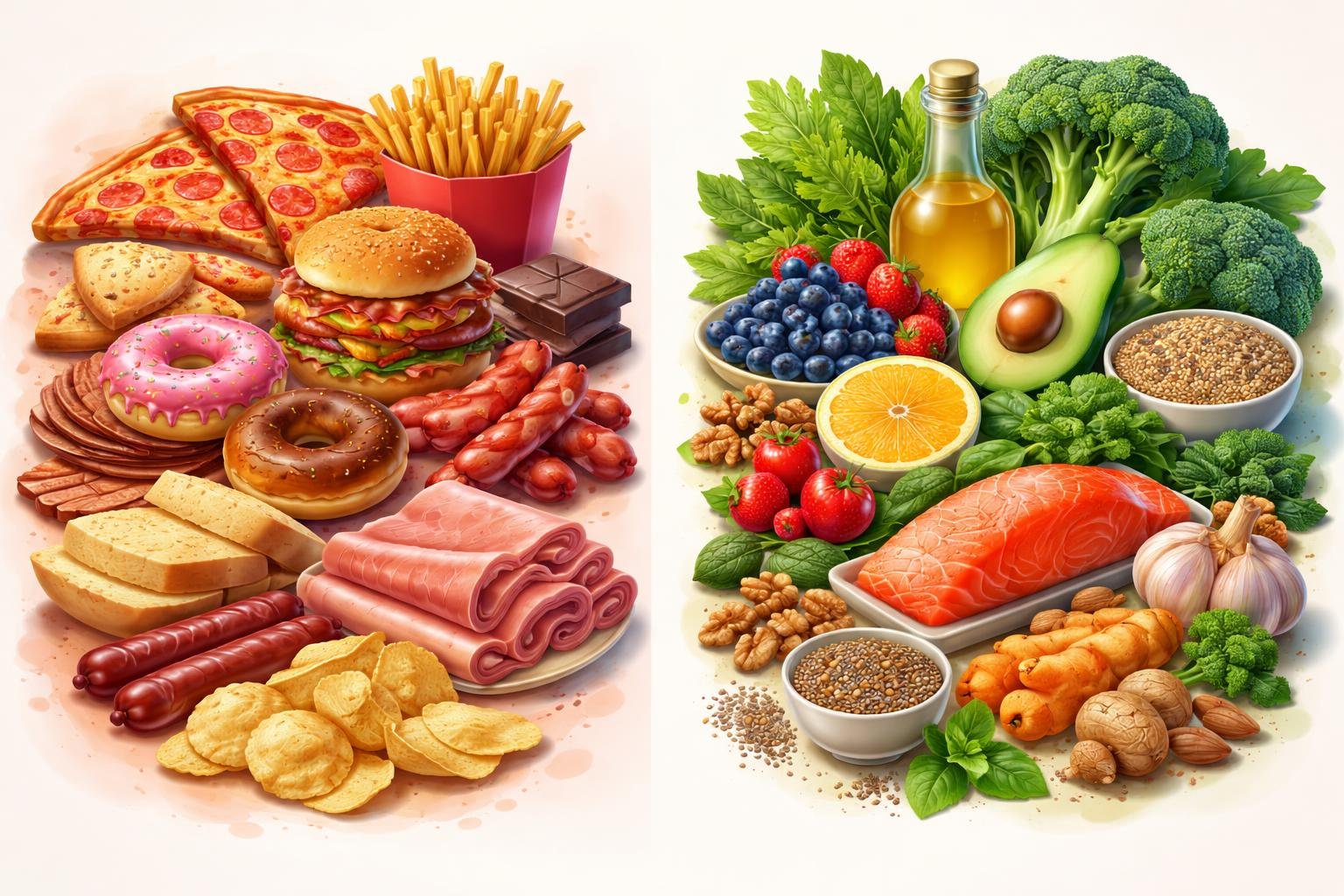 An illustration showing two groups of foods: one side with unhealthy inflammatory foods like processed meats and sugary snacks, and the other side with healthy anti-inflammatory foods like fruits, vegetables, nuts, and fish.