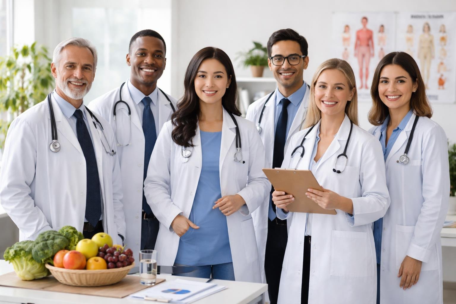 Six doctors standing together in a medical office, smiling and discussing health and prevention.