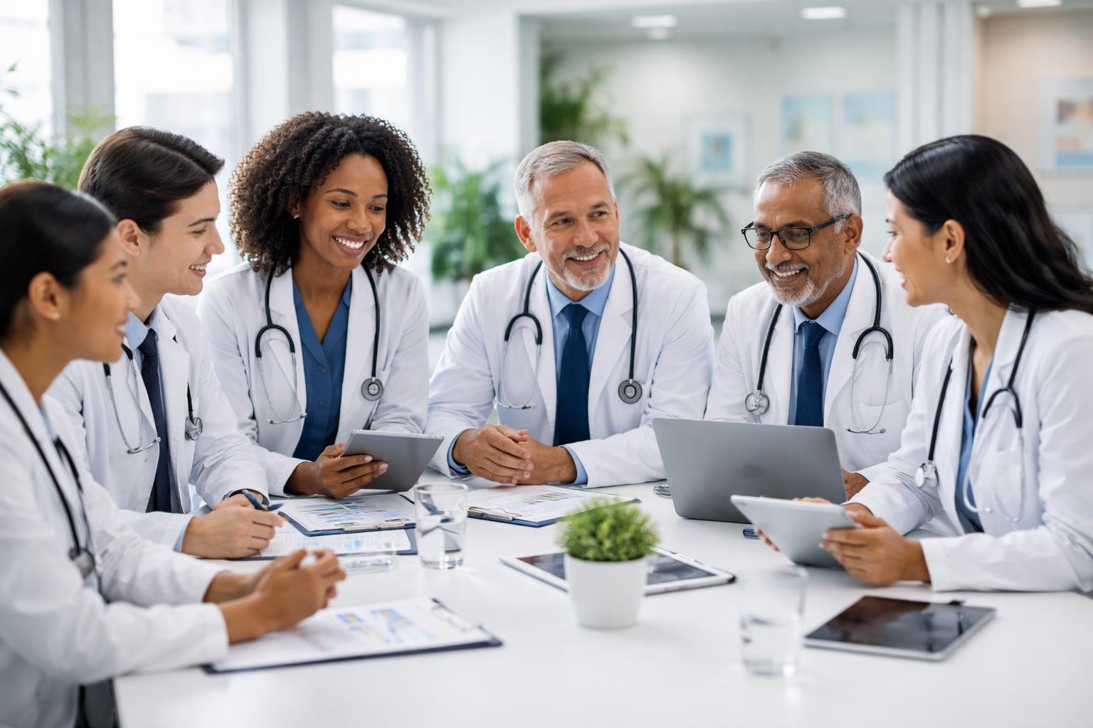 Six doctors of diverse backgrounds discussing medical information together in a bright, modern office.