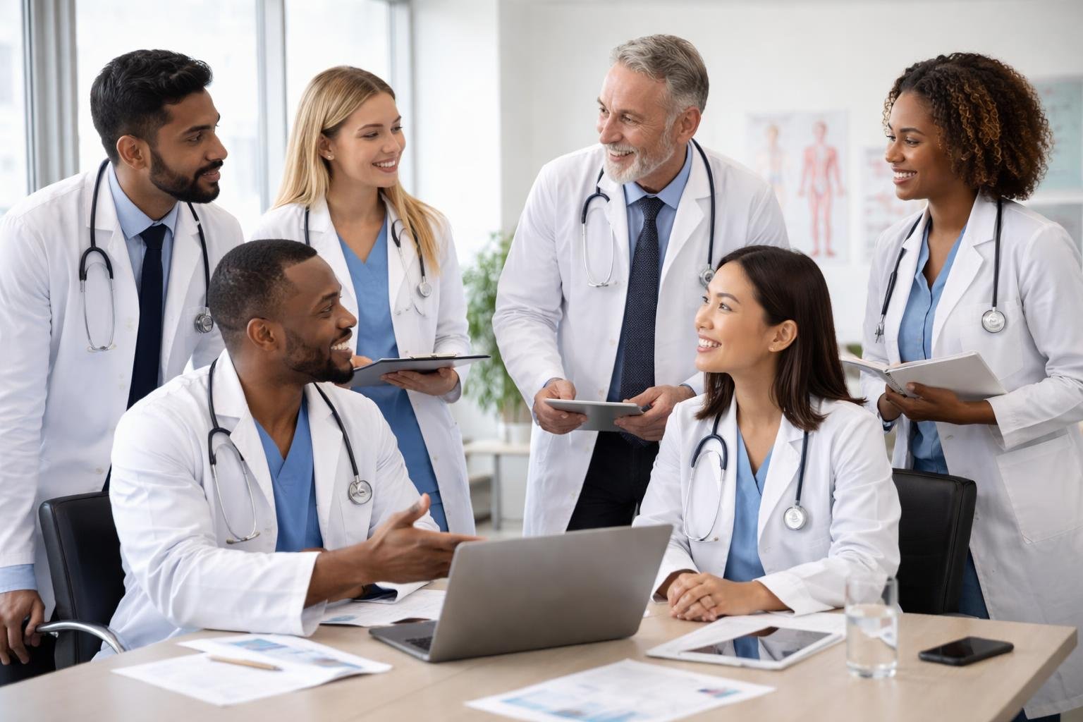 Six doctors of diverse backgrounds collaborating around a table in a bright medical office.