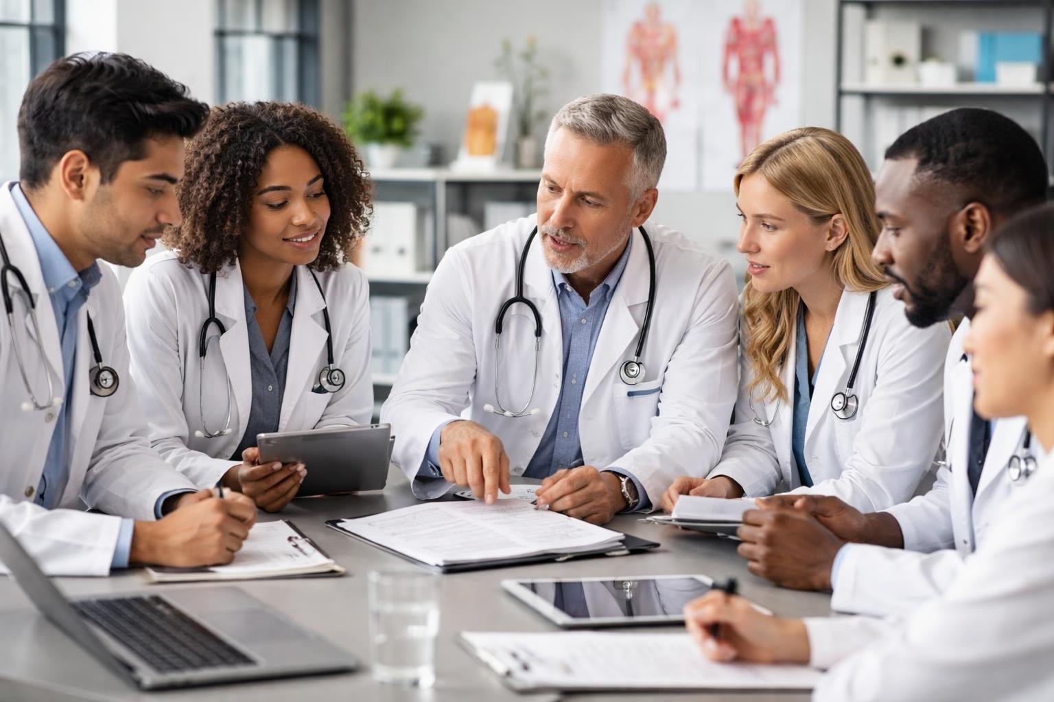 Six doctors of diverse backgrounds discussing medical information around a table in a clinical office.
