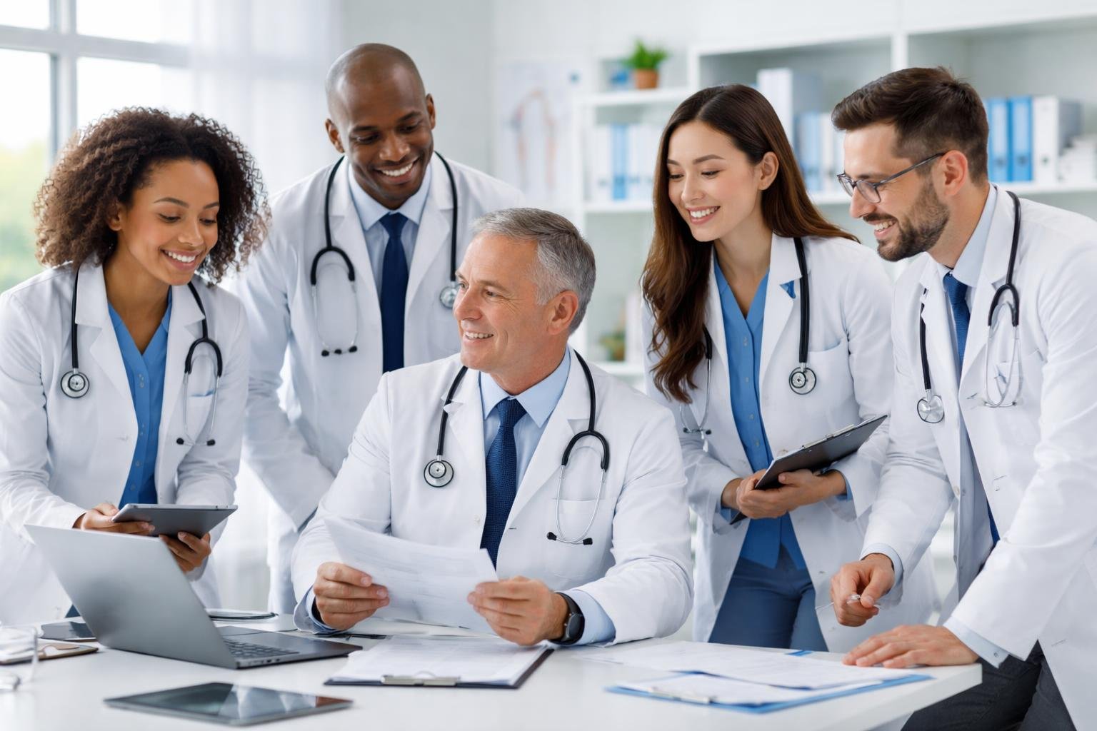 Six doctors in white lab coats discussing health information in a bright medical office.