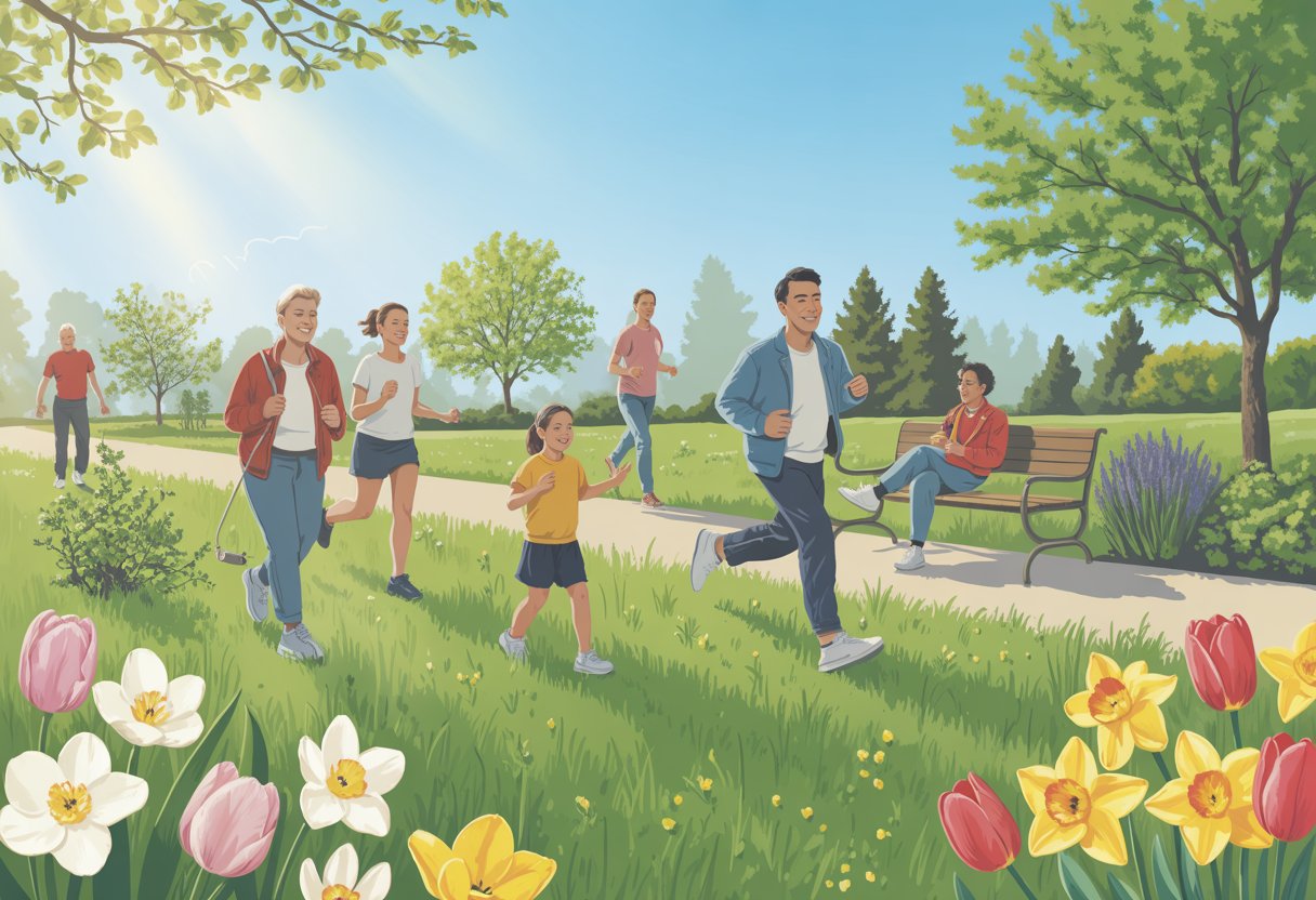 People enjoying a sunny spring day in a park with blooming flowers and green trees, appearing comfortable and happy.