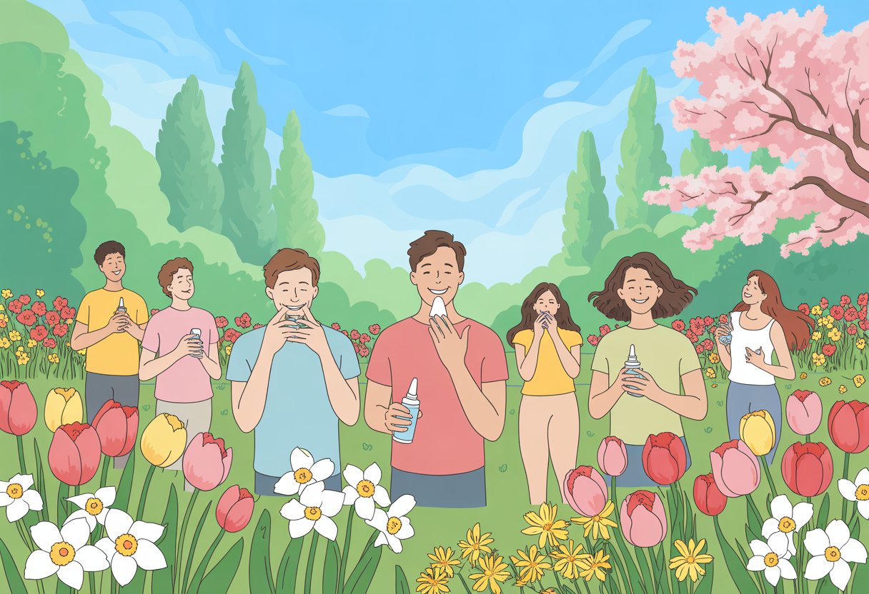 People enjoying a sunny spring park with blooming flowers and green trees on a clear day.