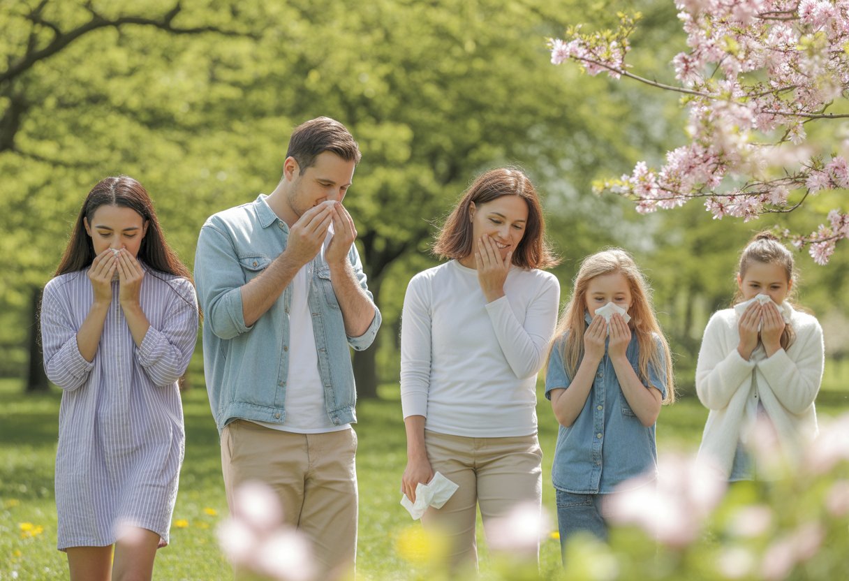 People enjoying a sunny spring park with blooming flowers, some holding tissues or allergy medicine.