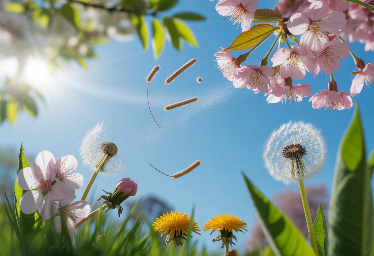 Close-up of blooming spring flowers releasing pollen with green leaves and a clear blue sky in the background.