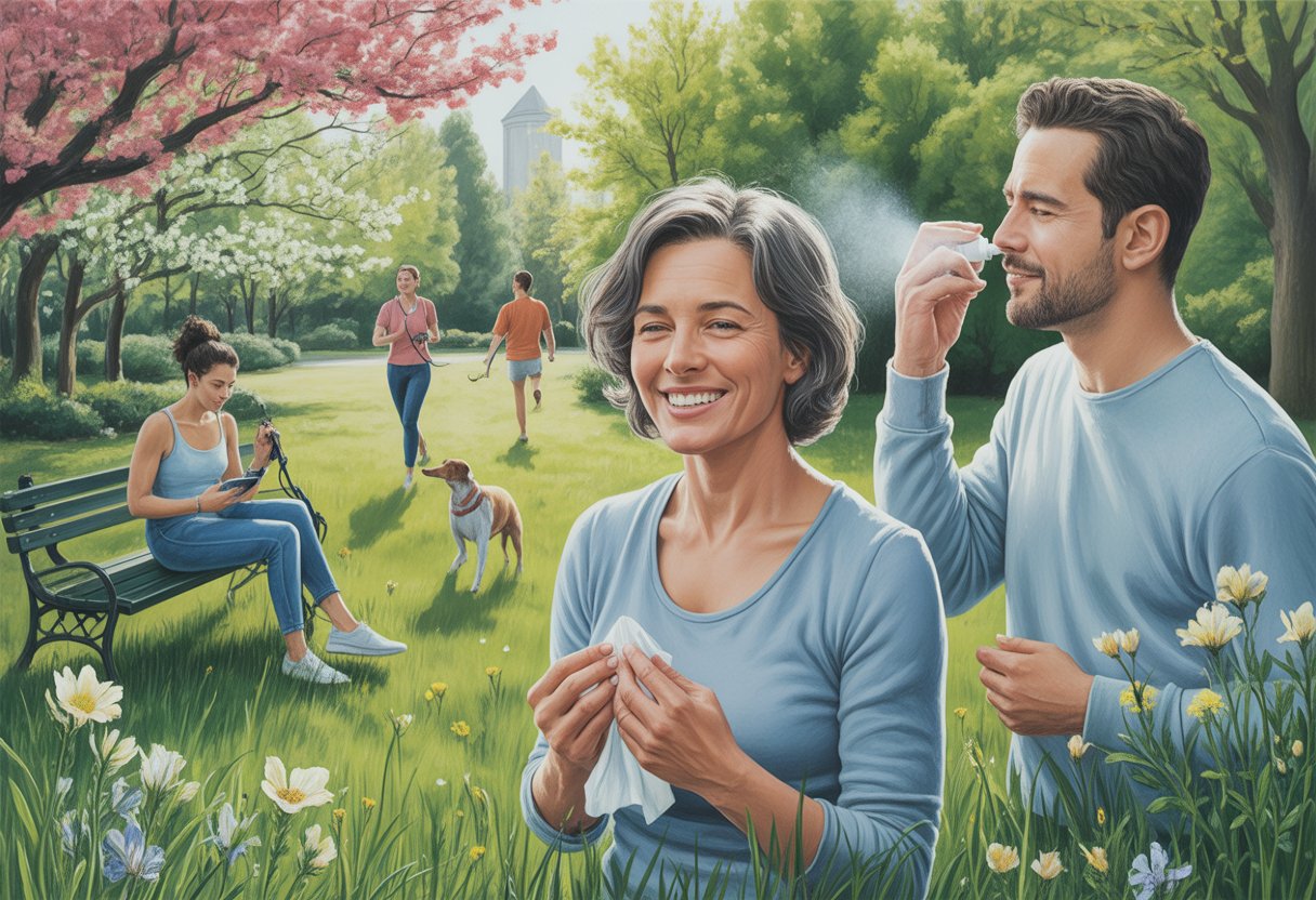 People enjoying a sunny spring park with blooming flowers, some managing allergy symptoms comfortably.