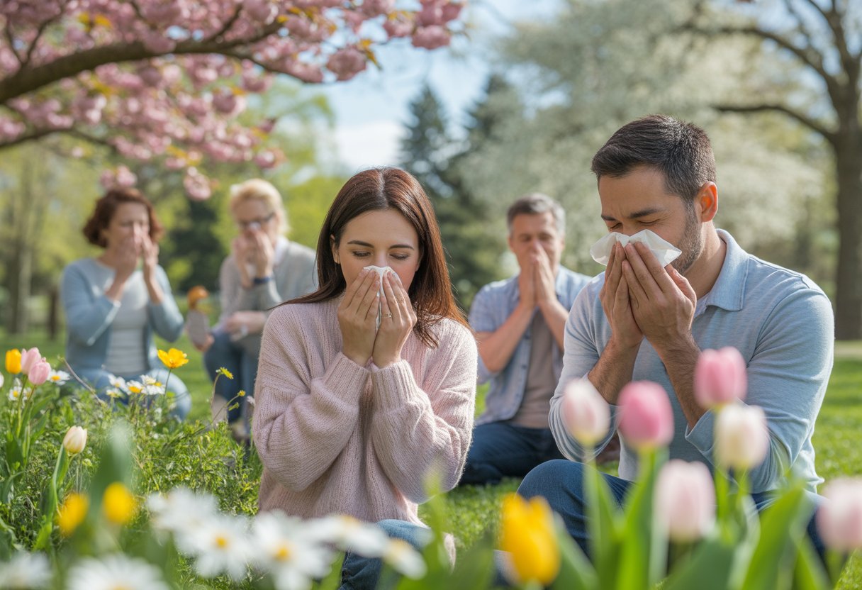 People outdoors in a blooming spring park showing mild allergy symptoms surrounded by flowers and greenery.