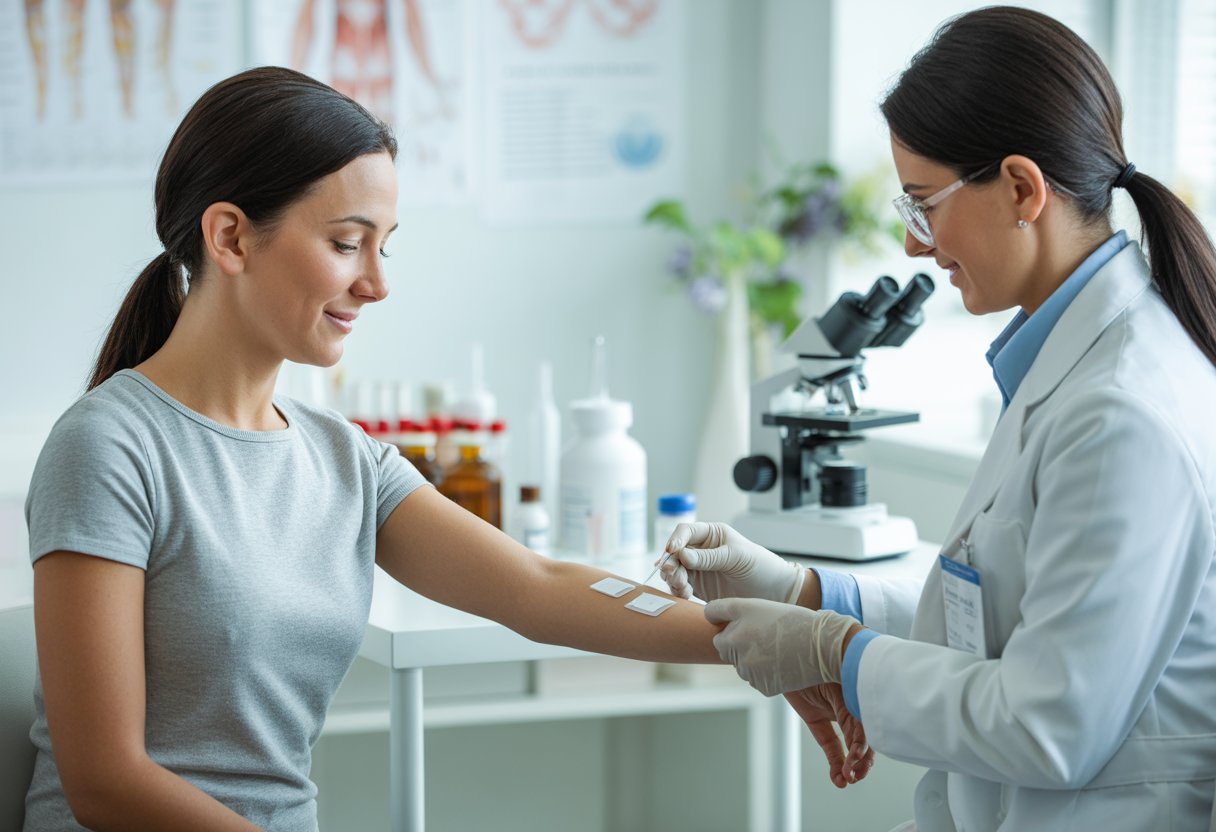 A healthcare professional performing an allergy skin test on a patient's forearm in a bright medical clinic.
