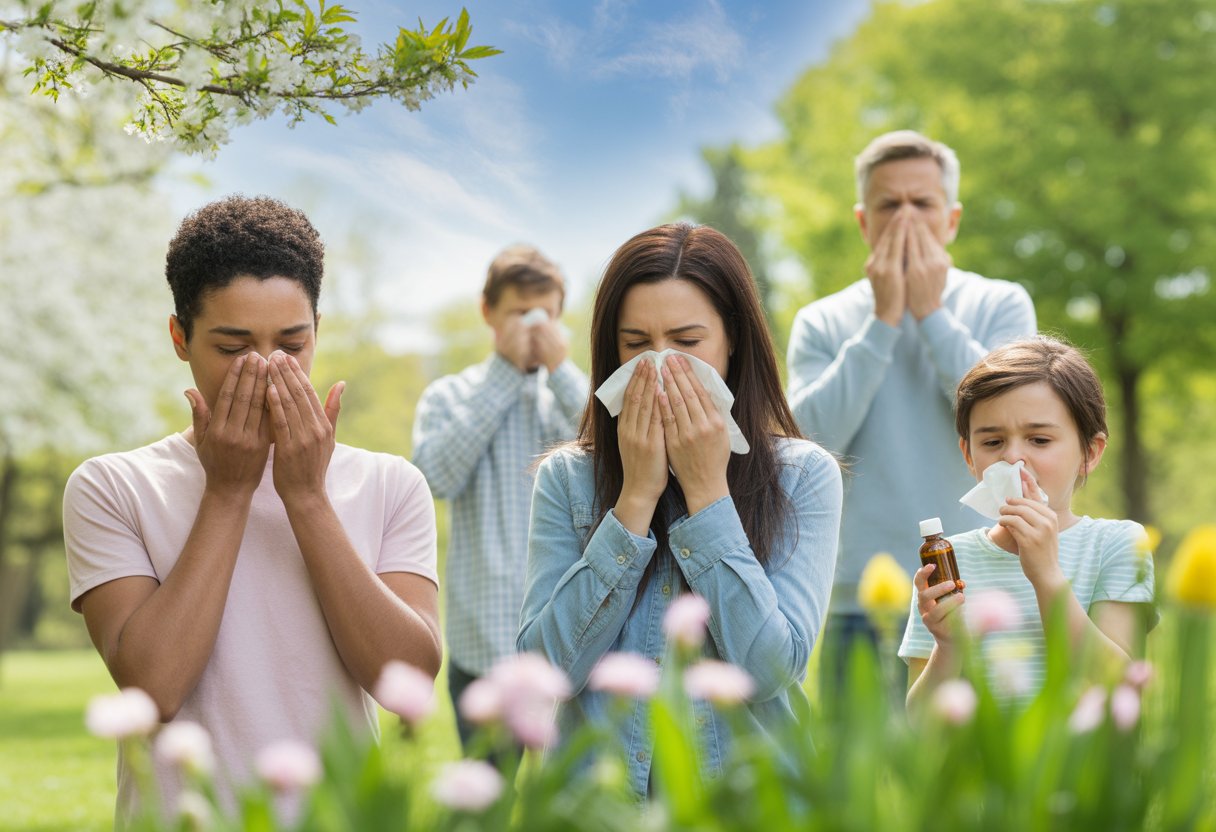 People outdoors in a sunny park during spring, showing mild allergy symptoms like sneezing and rubbing eyes among blooming flowers and green trees.