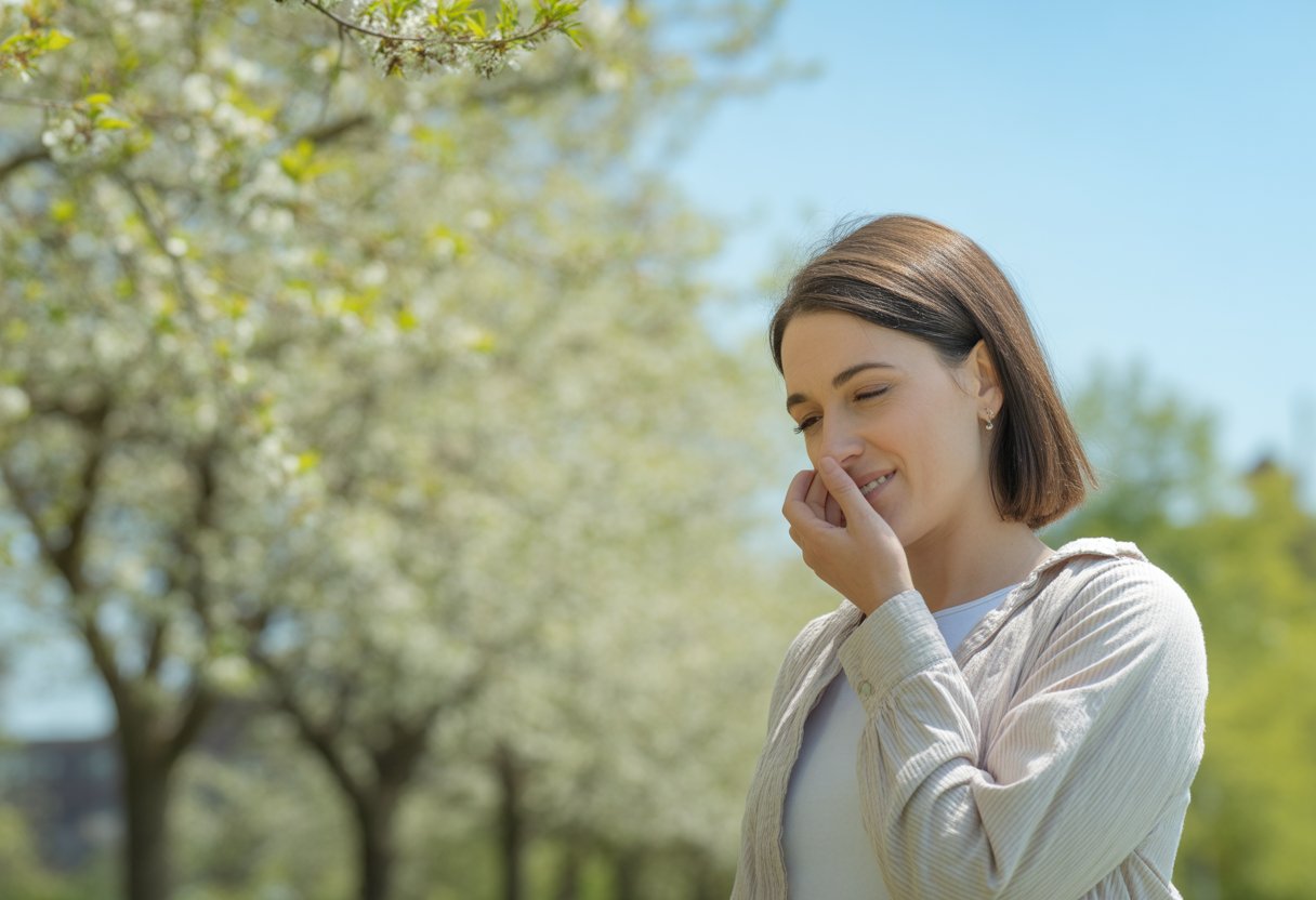 A young woman outdoors in spring surrounded by blooming trees and pollen, touching her nose with a slight discomfort.