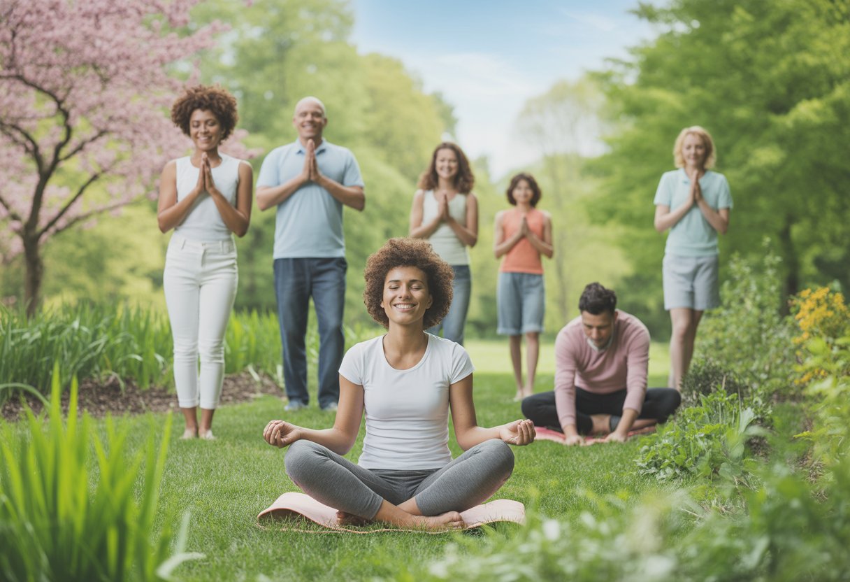 People enjoying a sunny spring garden, practicing yoga, meditating, and caring for plants in a calm and natural setting.