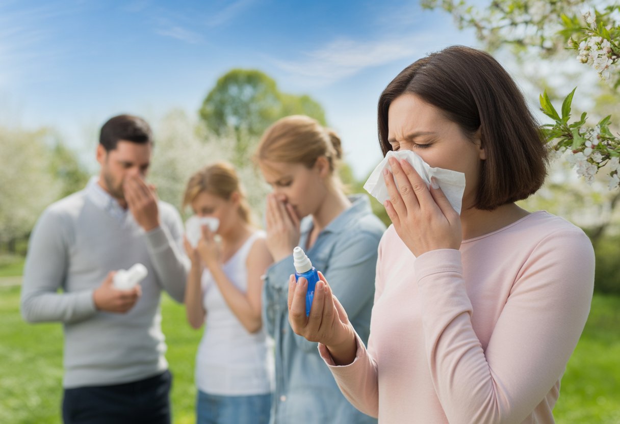 People outdoors in a spring setting showing signs of allergy symptoms like sneezing and watery eyes.