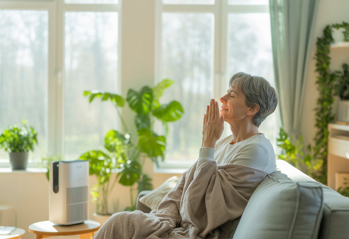 A person sitting comfortably in a bright living room with green plants and an air purifier, enjoying fresh air through large windows.